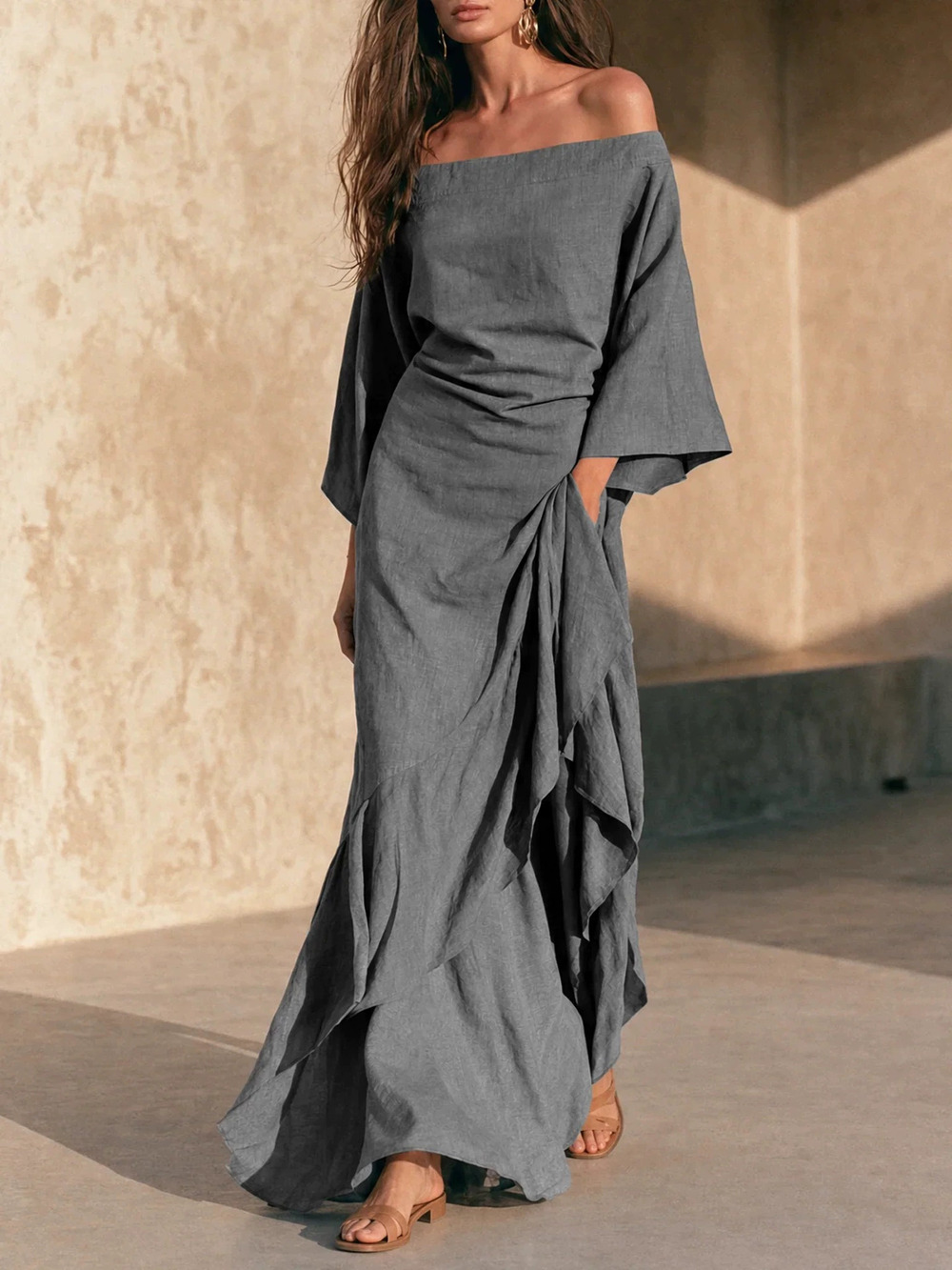 ZARA French Off Shoulder Linen Pleated Flared Hem Maxi Dress